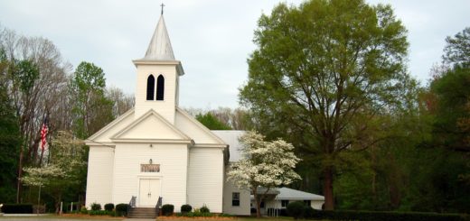 White church building with steeple surrounded by greenery and blooming trees - Agape Ministry.